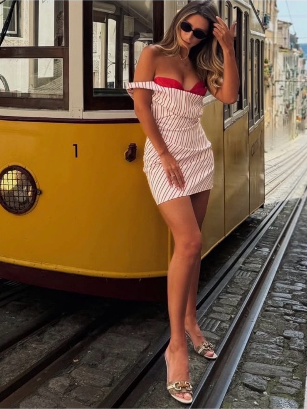 Off-Shoulder Striped Mini Dress with Red Bodice